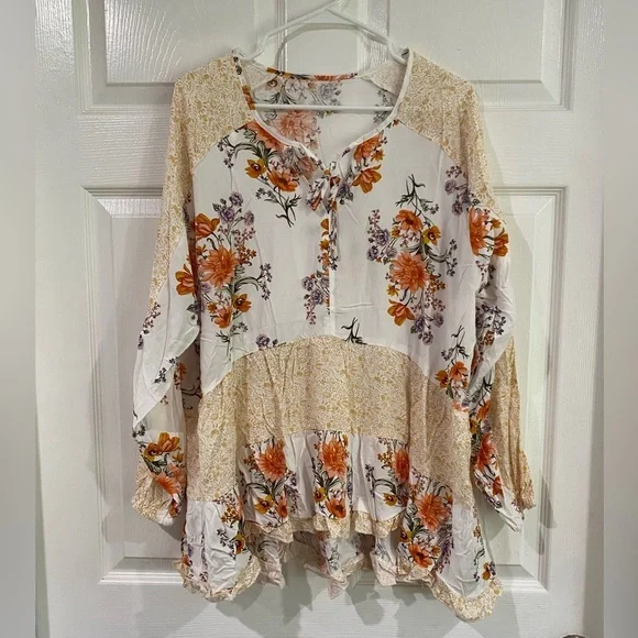 Bohemian White Floral Top Boutique Viscose Long Sleeve Flowy - Picture 2 of 9